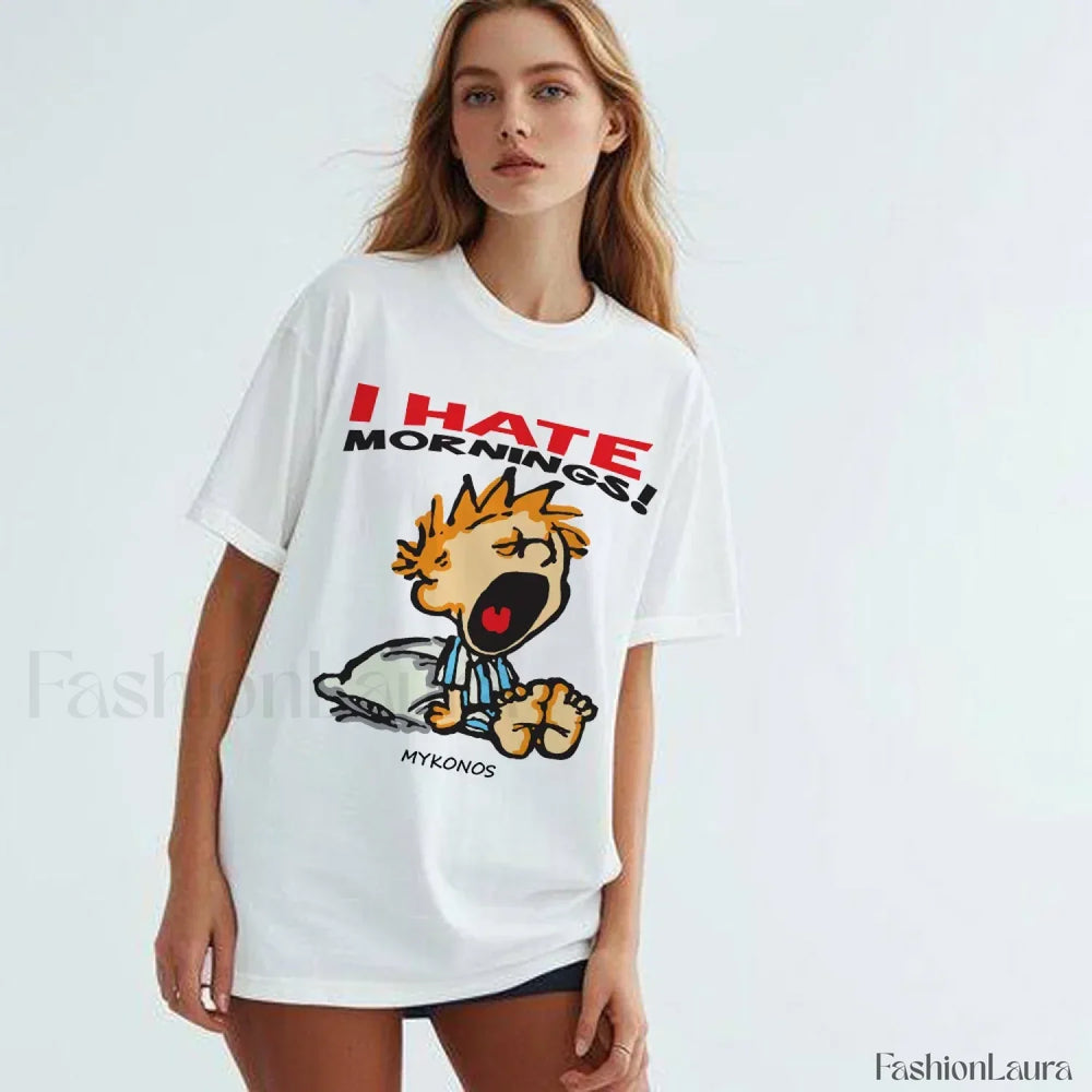 Hate Morning Cartoon Harajuku Loose Casual T Shirt WHITE / S