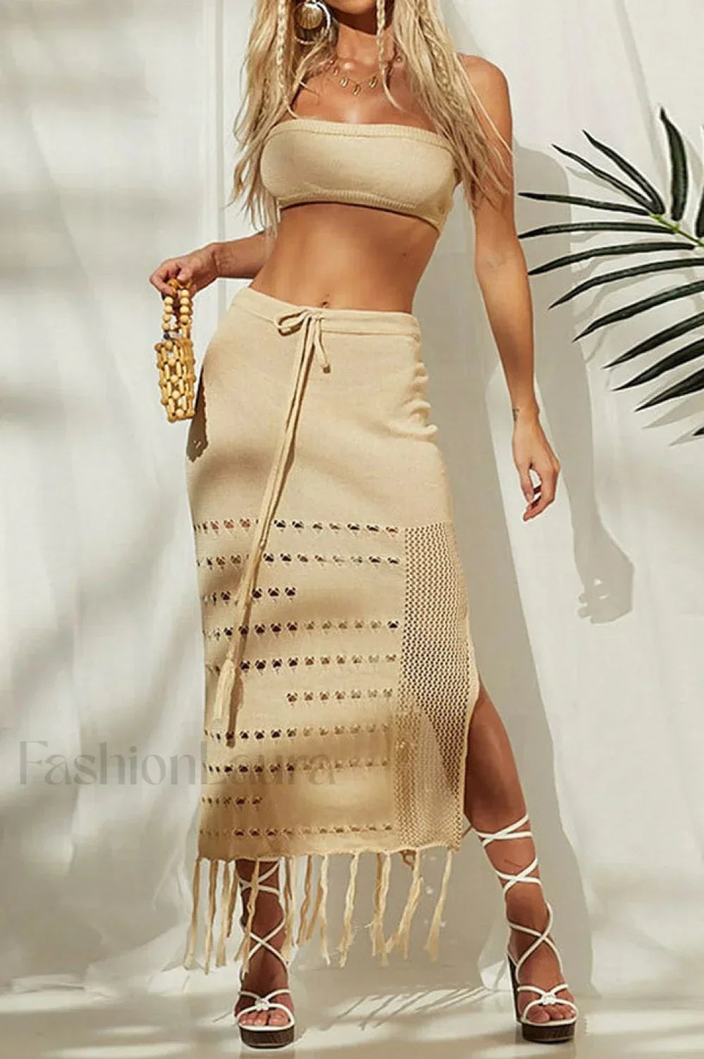 Hazel Crochet Top Charming + Skirt Set M / Beige