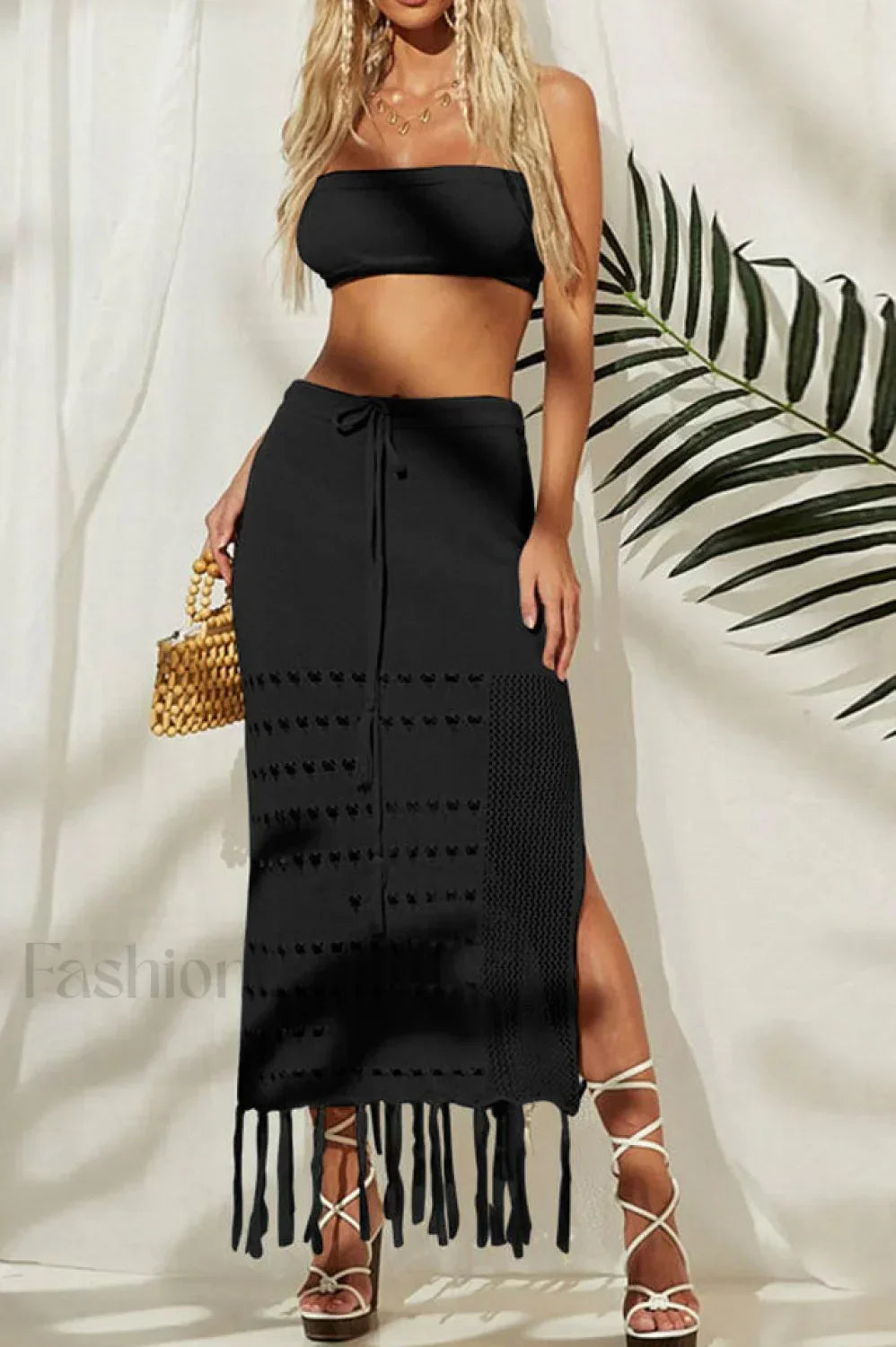 Hazel Crochet Top Charming + Skirt Set S / Black