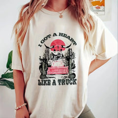 Heart Graphic Print Casual Crew Neck T Shirt APRICOT / S