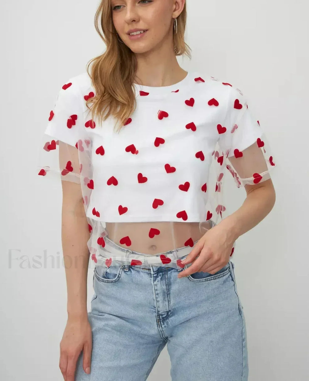 Heart Mesh Patchwork Cotton T Shirt
