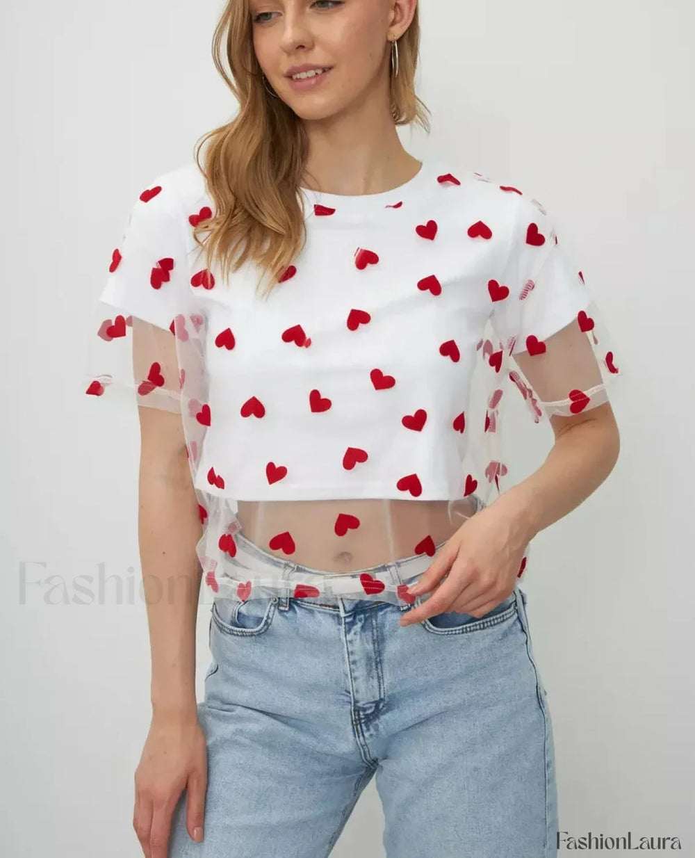 Heart Mesh Patchwork Cotton T Shirt