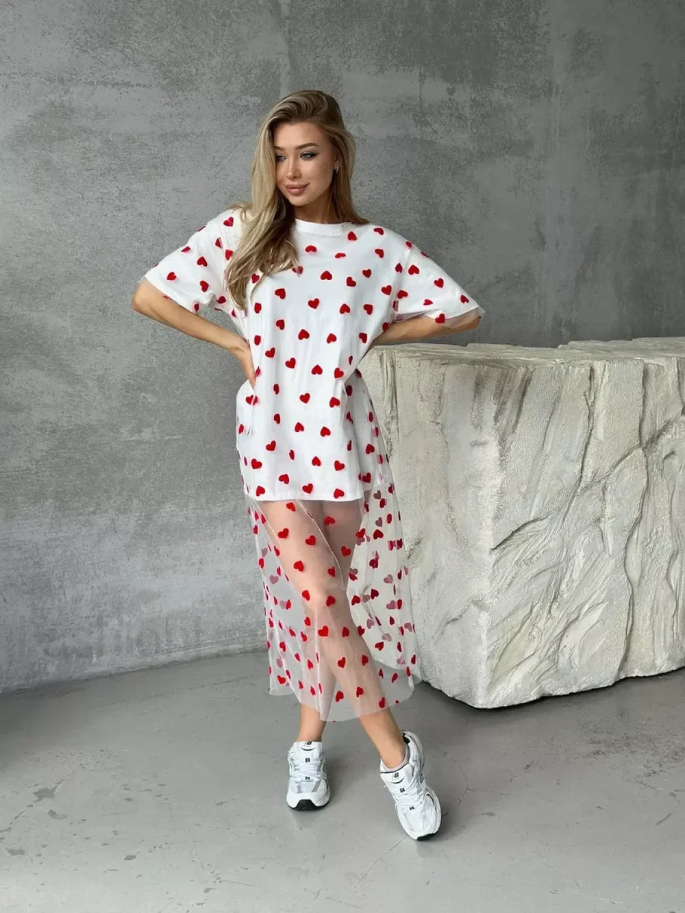 Heart Mesh Patchwork Cotton T Shirt White dress / M