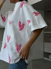 Heart Print Casual O neck Cotton T Shirt