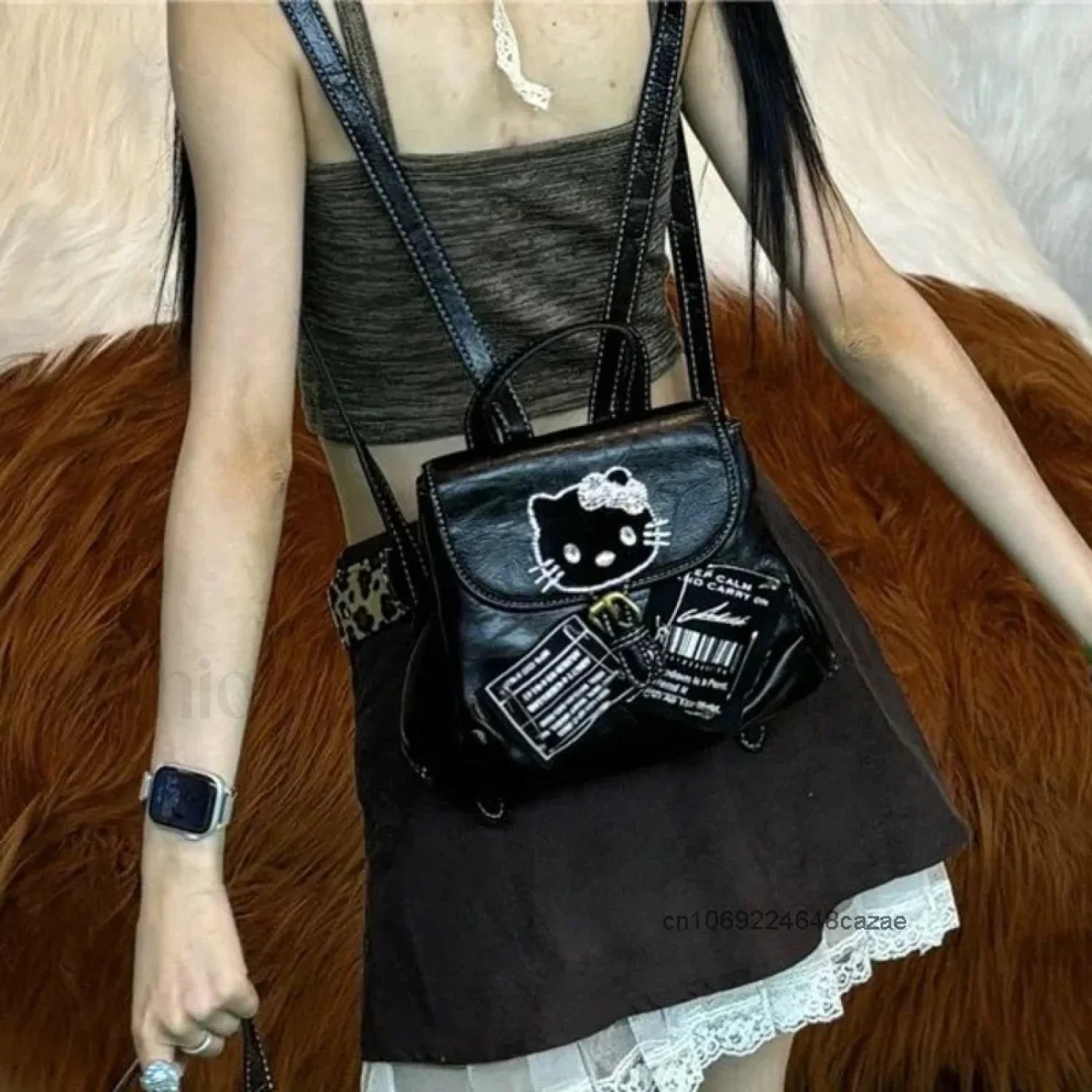 Hello Kitty Mini Backpack Sweet Cool Y2K Spicy Girl Korean Casual Bag BLACK