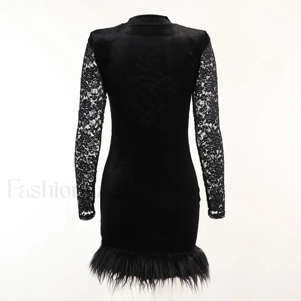 High Neck Long Sleeve Floral Lace Panel Trim Mini Dress Black Party Dresses L