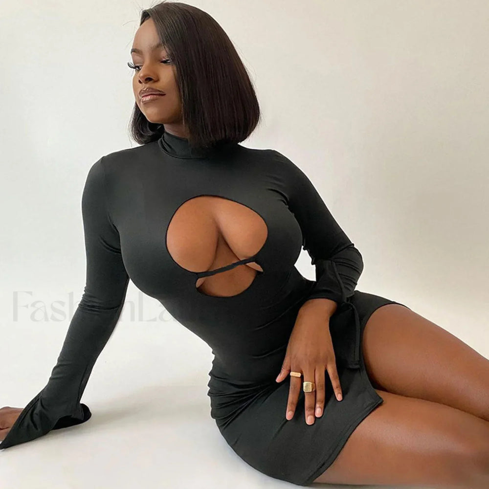 High Neck Long Sleeve Side Split Cutout Mini Dress Black M / Black Party Dresses L