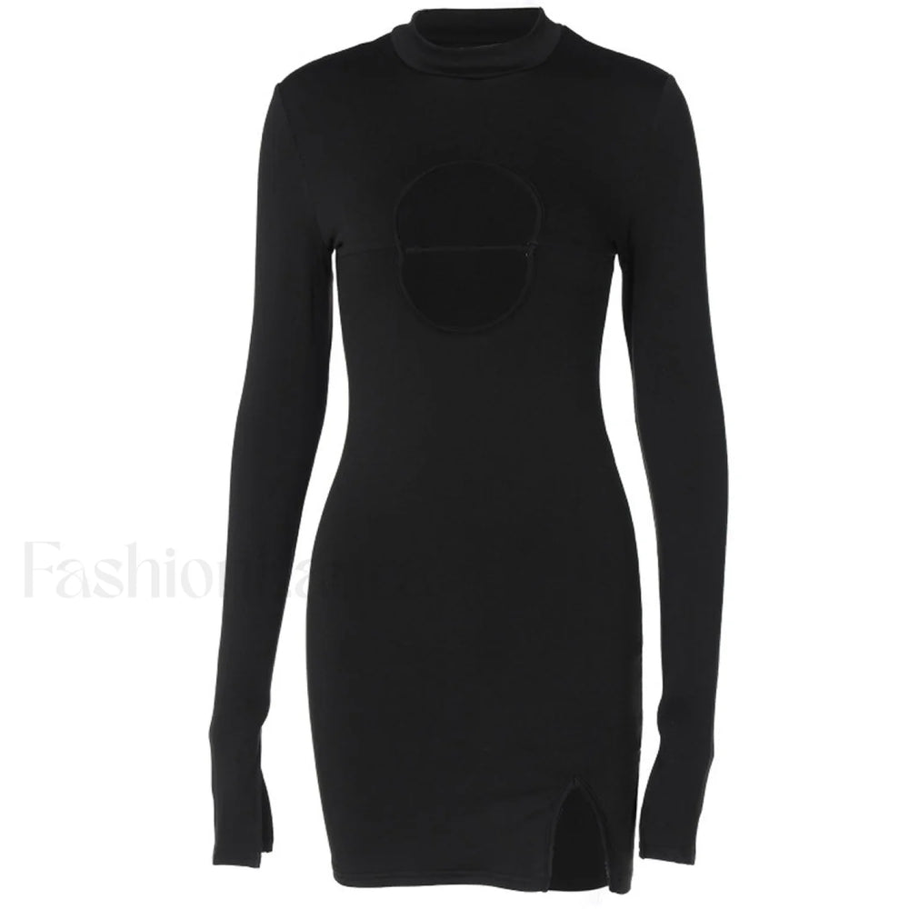 High Neck Long Sleeve Side Split Cutout Mini Dress Black Party Dresses L