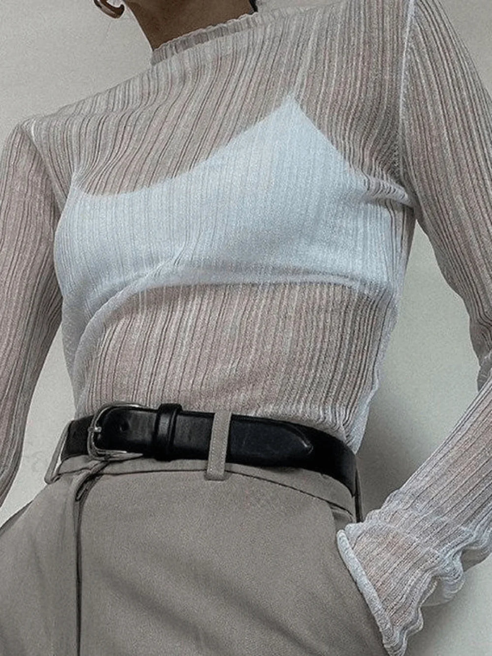 High Neck Semi Sheer Knit Top Tops&Tees