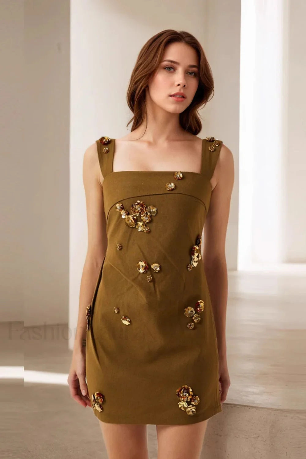 High Quality Sleeveless Waist Cinched Commute Dress Brown / S