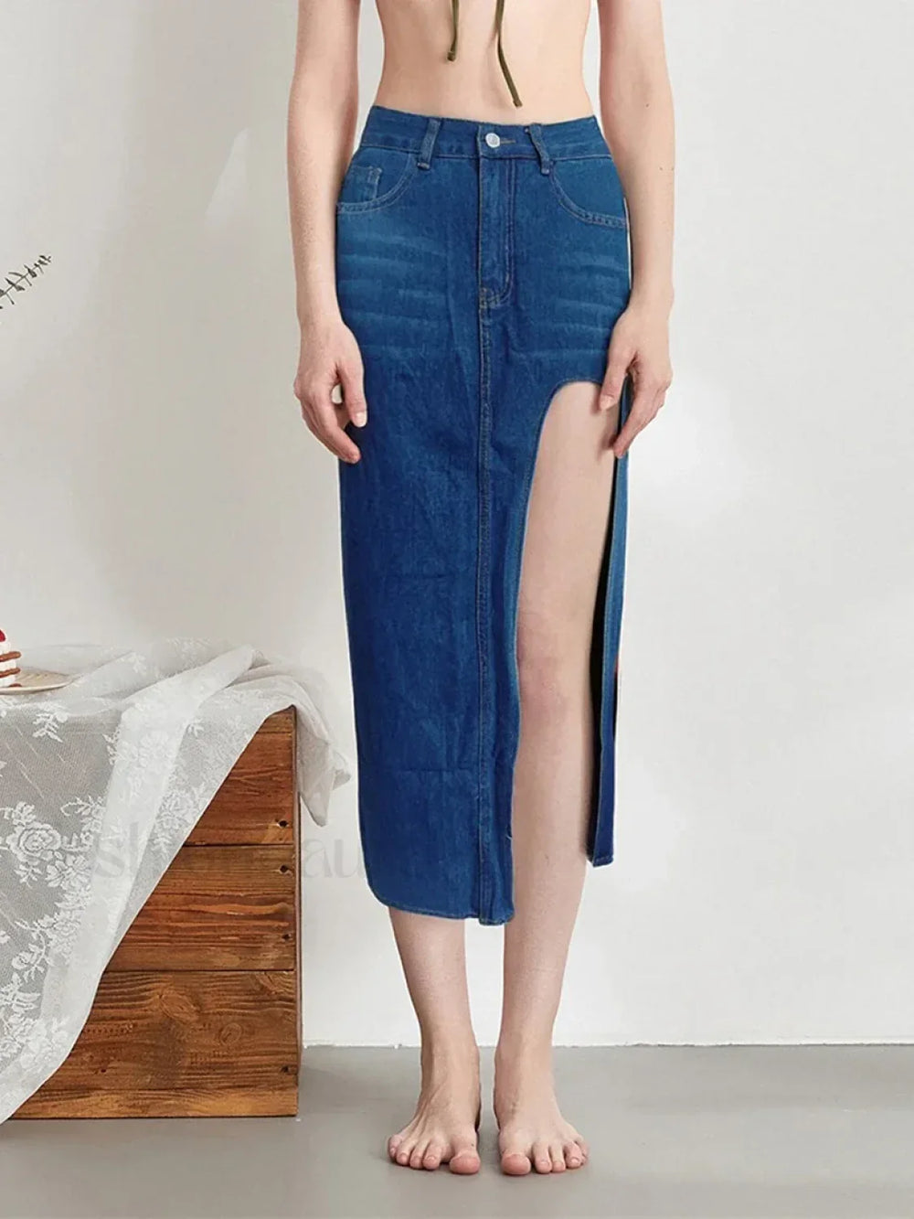 High Split Denim Pencil Skirt