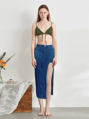 High Split Denim Pencil Skirt Dark Blue / S