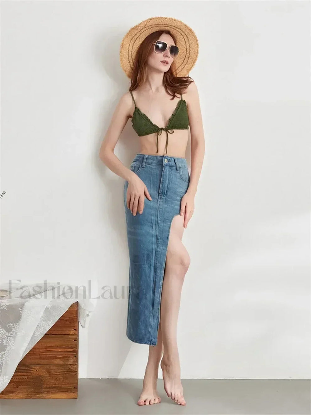 High Split Denim Pencil Skirt Light Blue / S