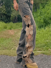 High Waist Embroidered Ripped Loose Fit Ripped Jeans Jeans