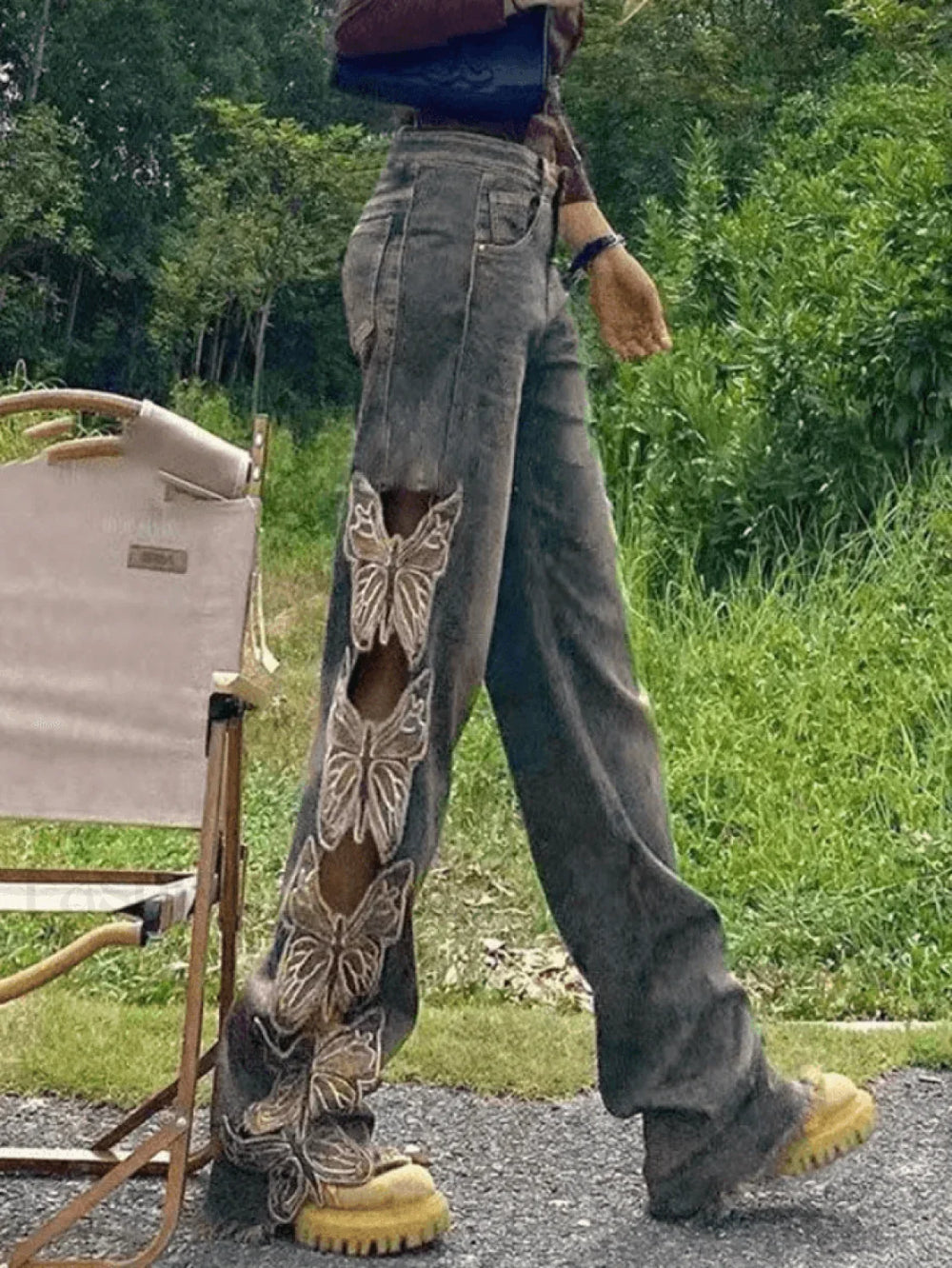 High Waist Embroidered Ripped Loose Fit Ripped Jeans Blue / S Jeans