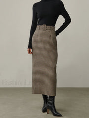 High Waist Graceful Houndstooth Midi Skirt Khaki / XS Skirts