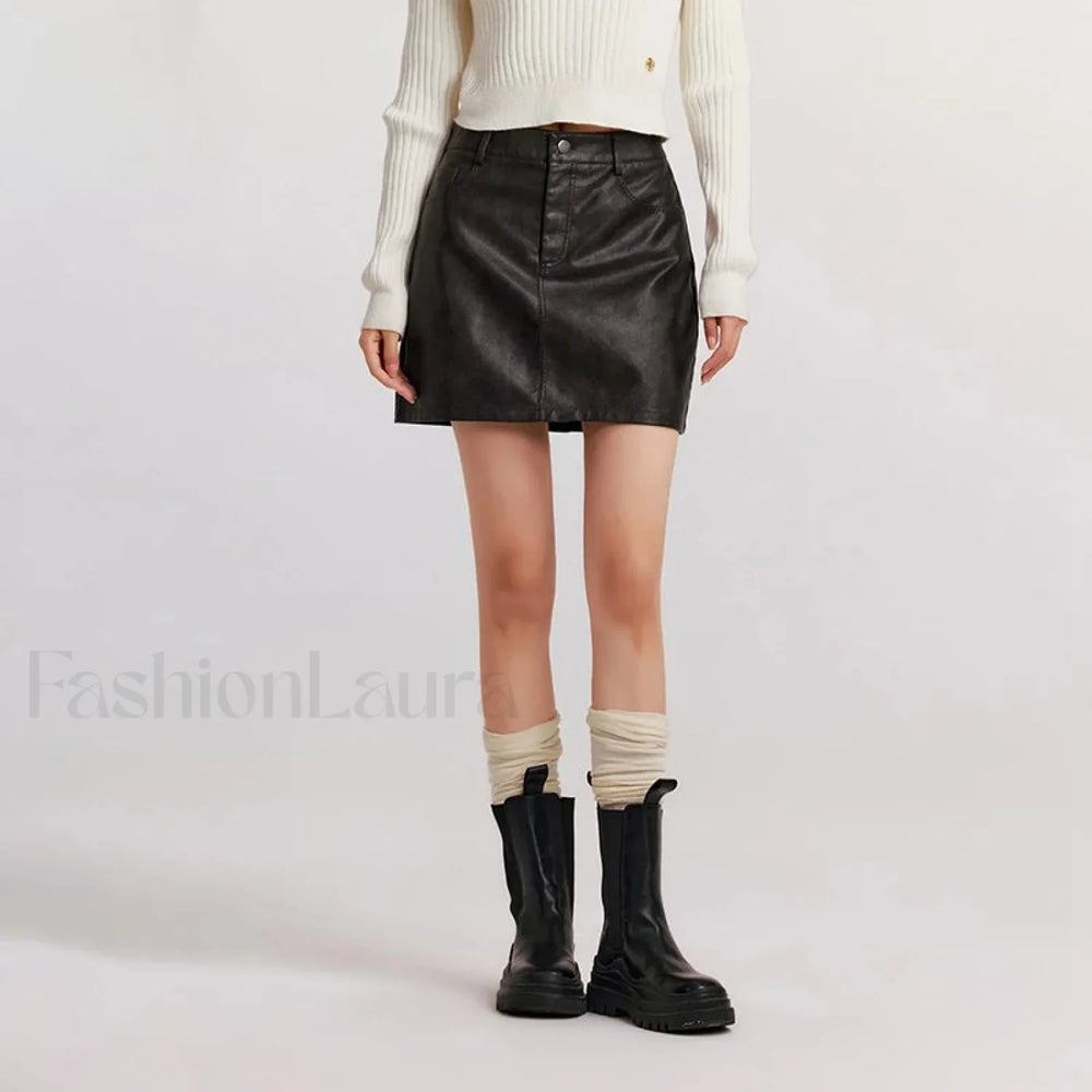 High Waist PU Leather Cool Skirt Black / XS