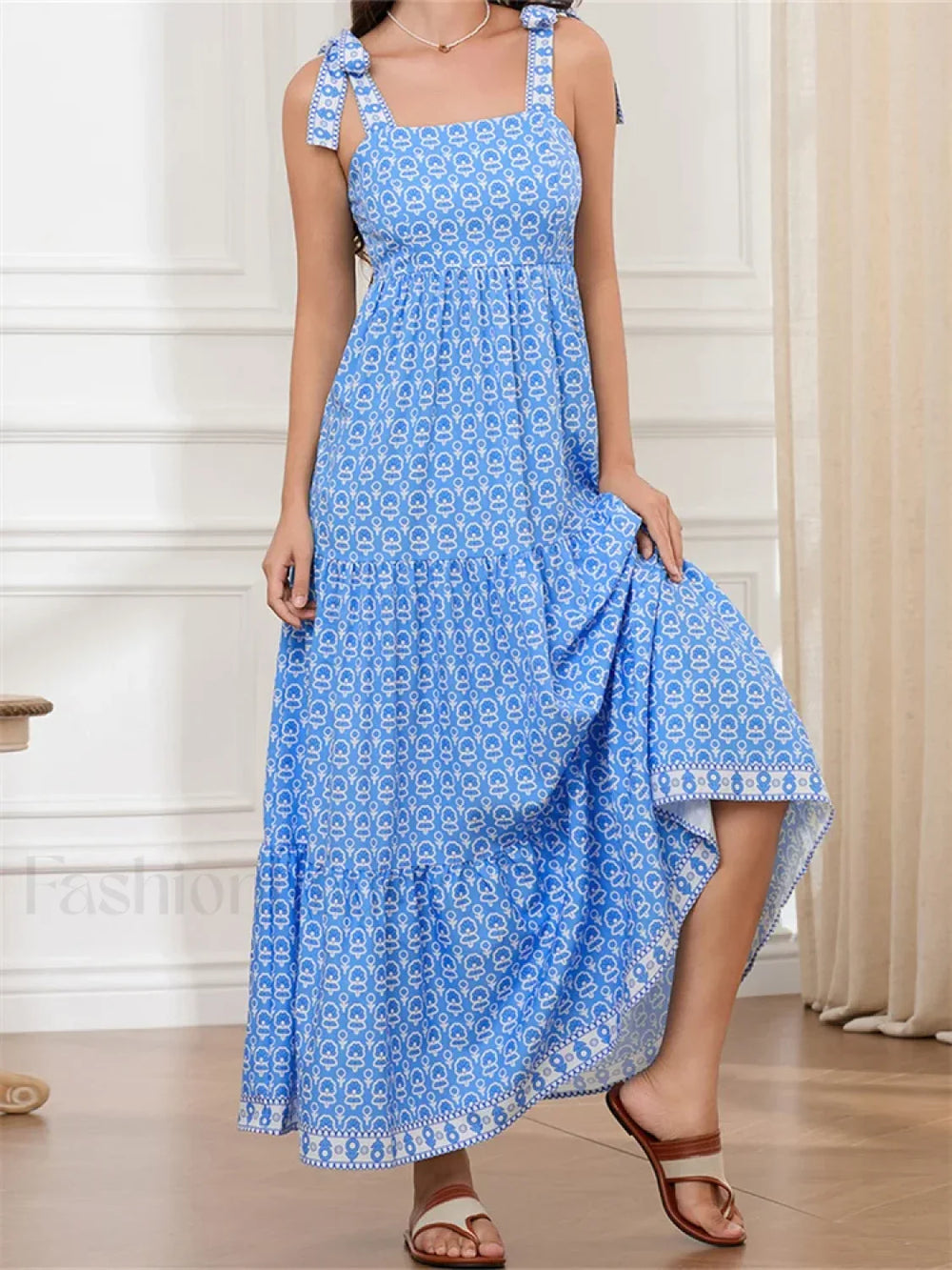 High Waist Tie Strap Print Maxi Dress navy / S