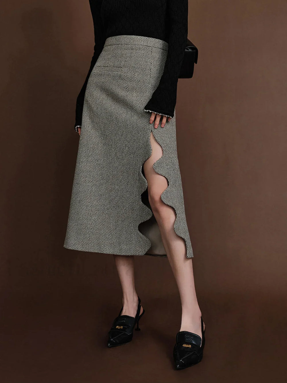 High waist Tweed Wavy Trendy Split Midi Skirt Skirts