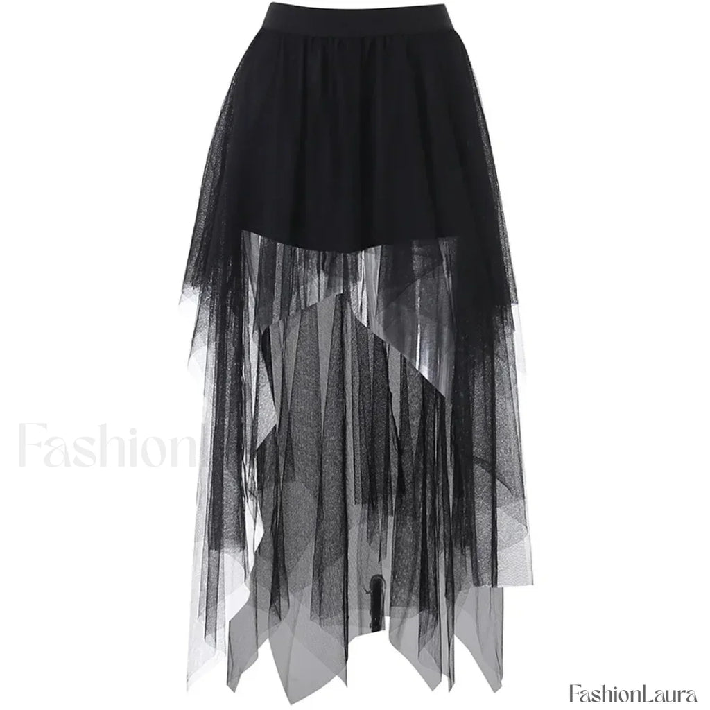 High Waisted Gothic Net Yarn Summer Skirt BLACK / S