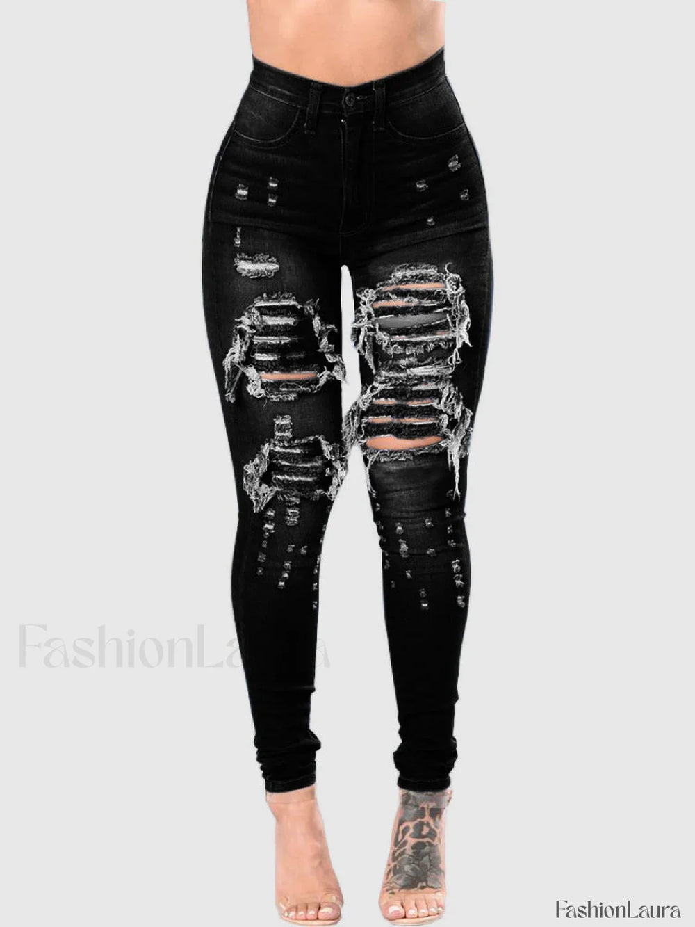High Waisted Skinny Ripped Jeans Black / M Jeans