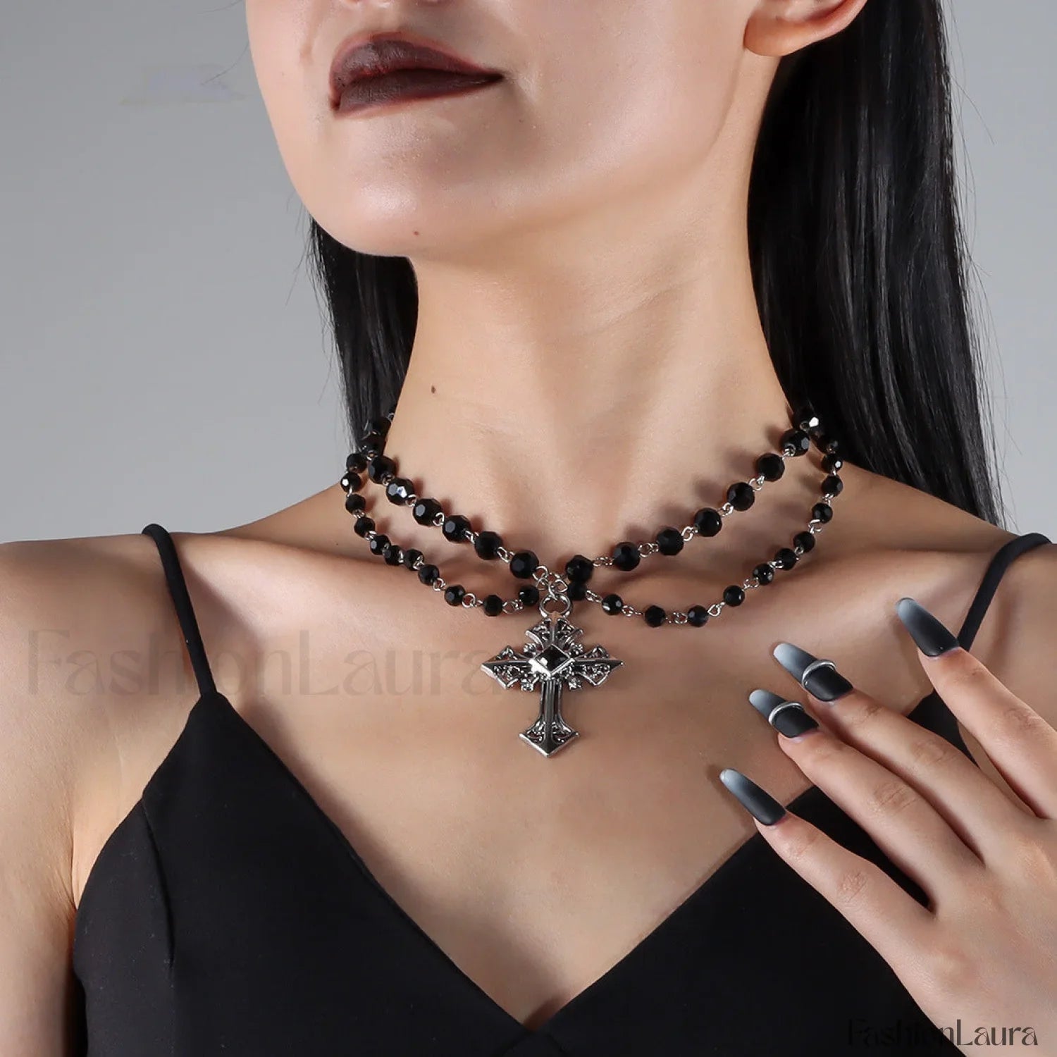 Hip Hop Fashion Dark Cross Beaded Necklace NK24900 BLACK