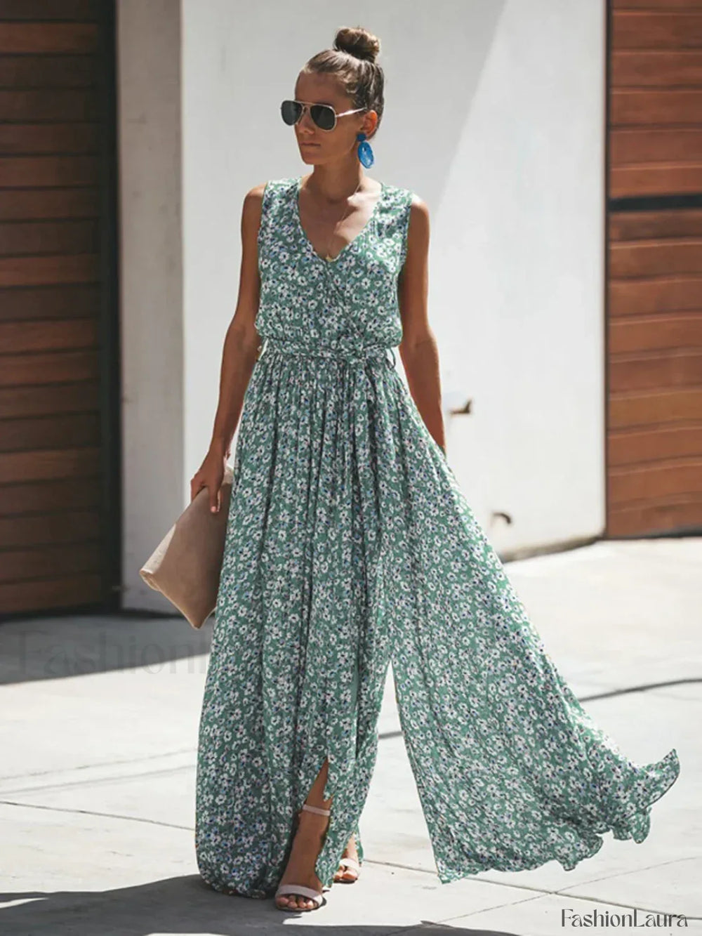 Hippie Floral Maxi Boho Dress Green / S