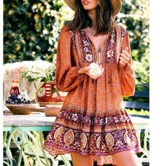 Hippie Tie Up Ruffled Boho Dress