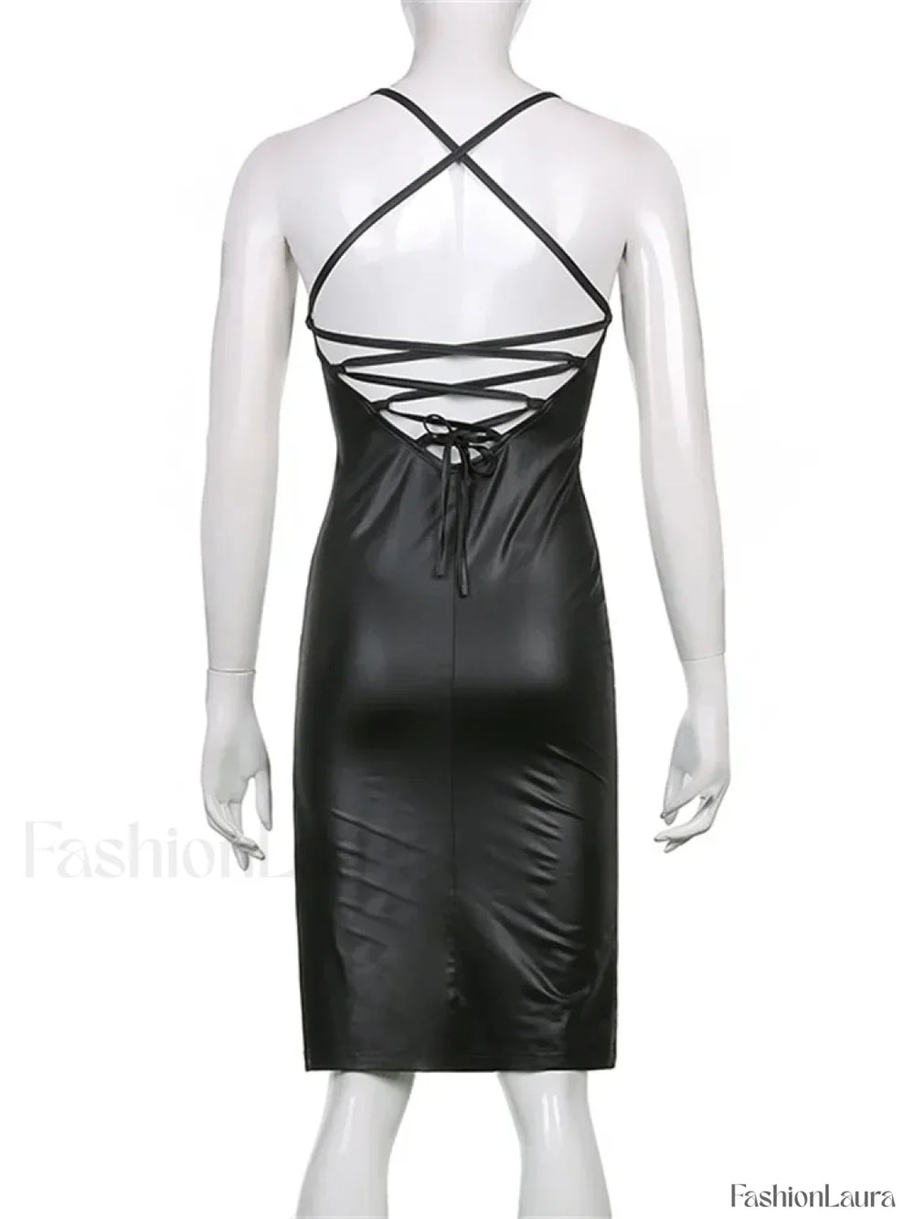 Hirigin PU Leather Black Party Halter Backless Bandage Club Slit Midi Dress