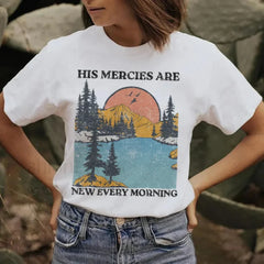 His Mercies Christian Bible Verse Vintage T Shirt WHITE / S