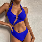 Hollow Bandage Push Up Halter One Piece BLue Swimsuit / S