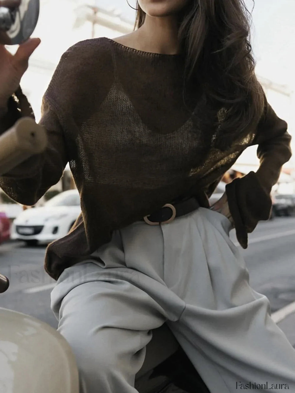 Hollow Draped Snug Knit Top Dark Brown / XS Knit Tops