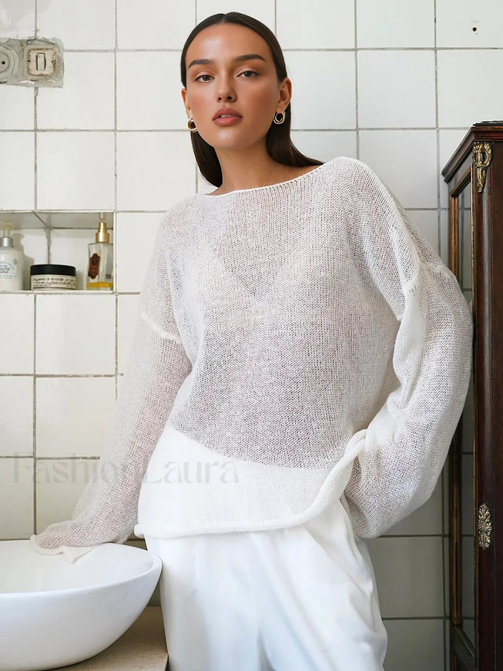Hollow Draped Snug Knit Top White / XS Knit Tops