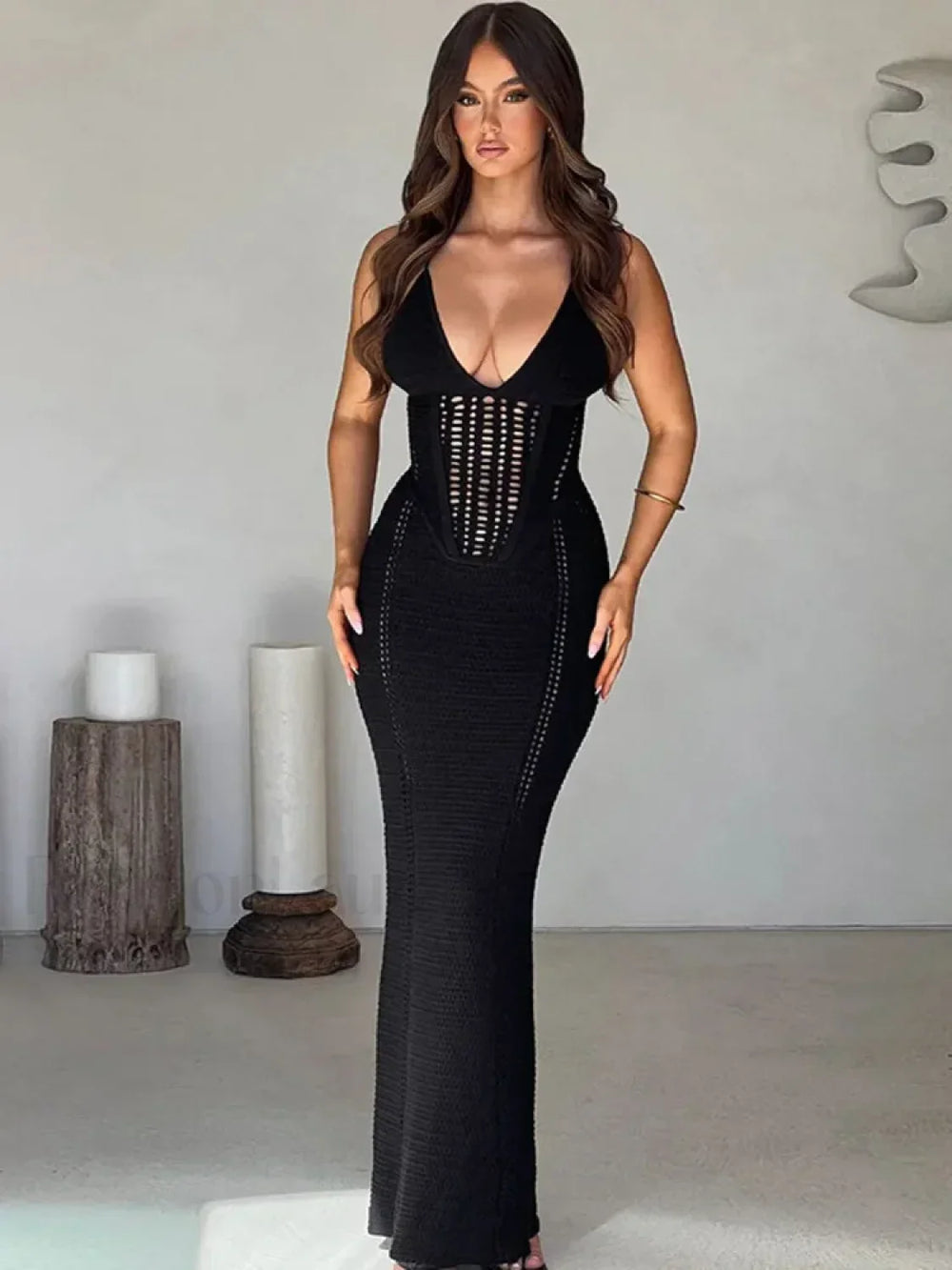 Hollow Lace Up Sweater Maxi Dress
