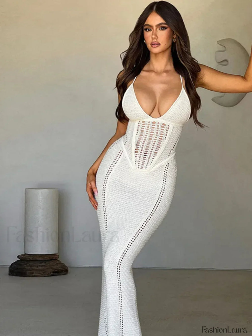 Hollow Lace Up Sweater Maxi Dress