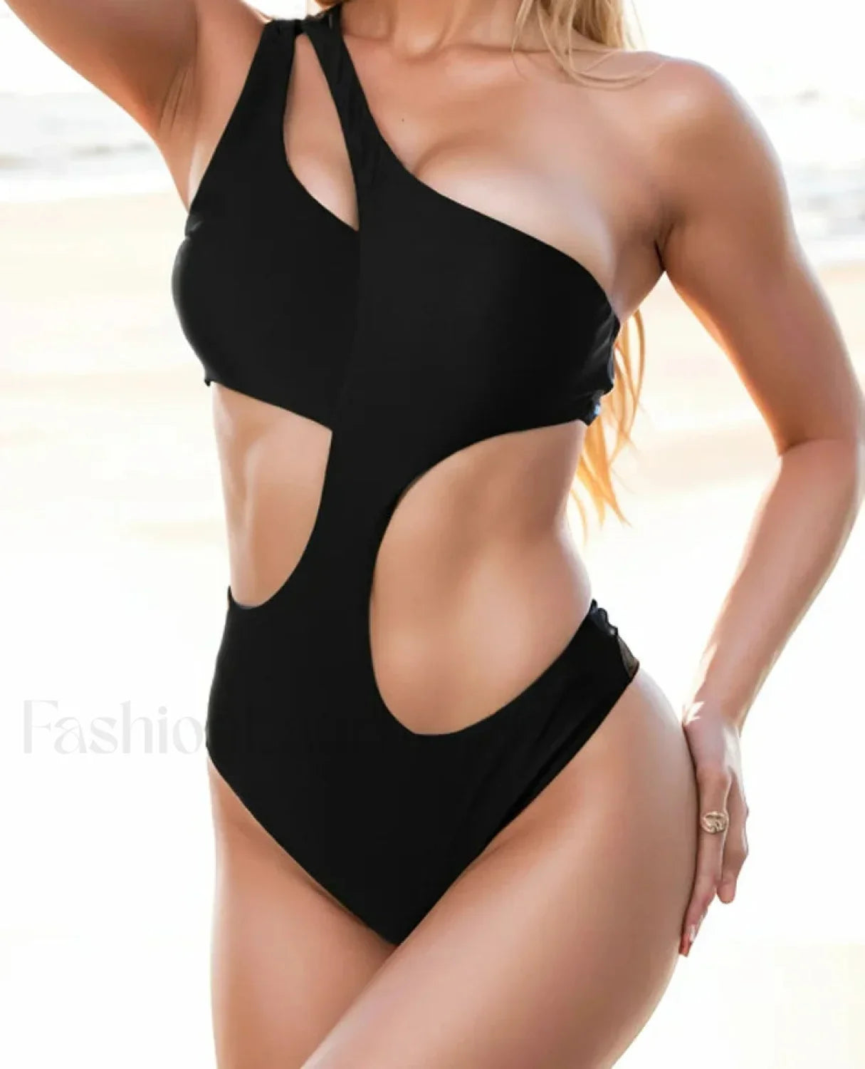 Hollow One Shoulder Solid Push Up One Piece black / S