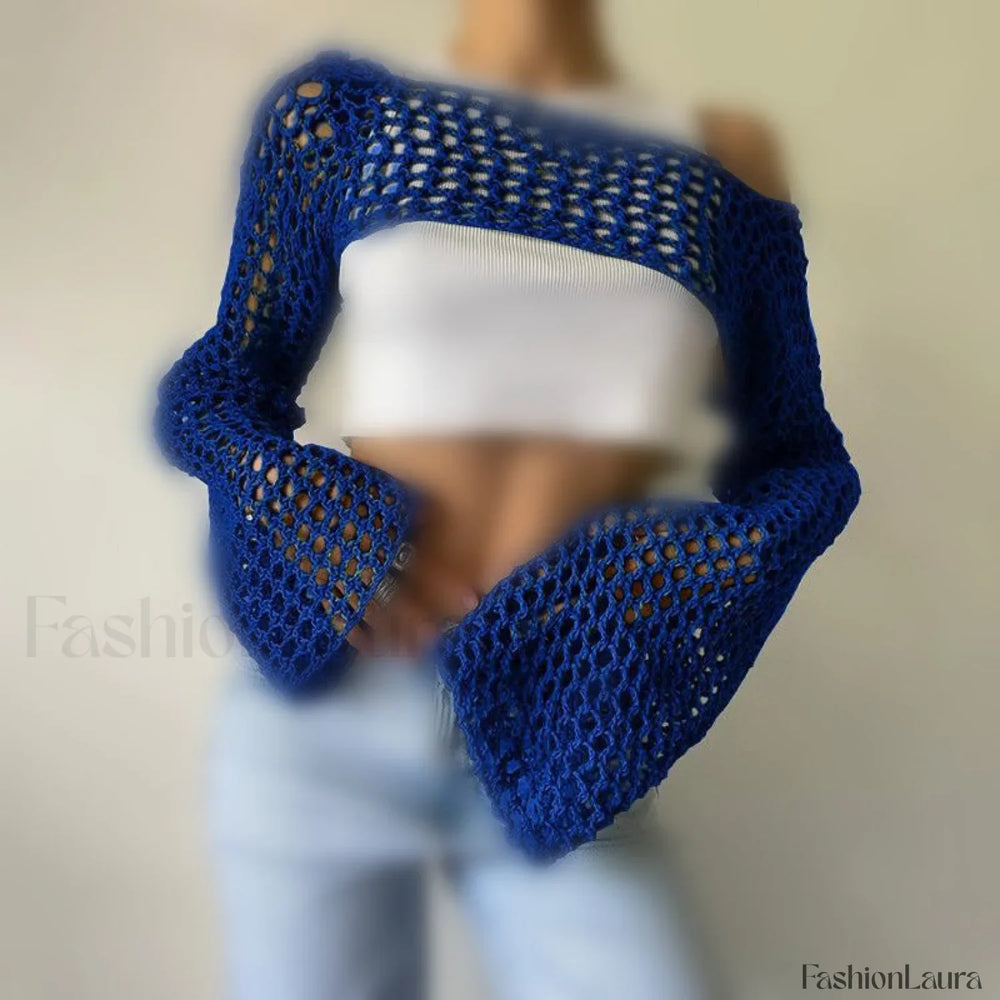 Hollow Out Crochet Knit Bolero Shrug Blue / XS Sweaters