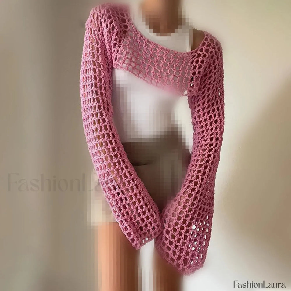Hollow Out Crochet Knit Bolero Shrug Pink / XS Sweaters