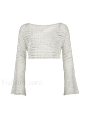 Hollow Out Long Sleeve Knit Crop Top Tops&Tees