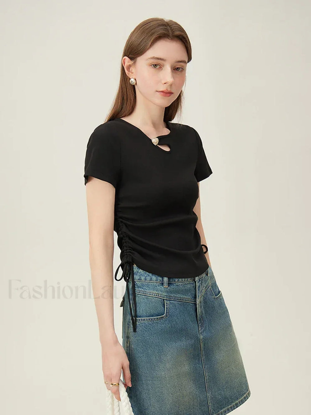 Hollow Out Slim Drawstring Black T Shirt