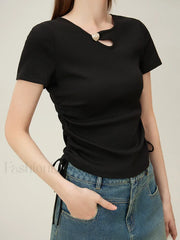 Hollow Out Slim Drawstring Black T Shirt Black / S