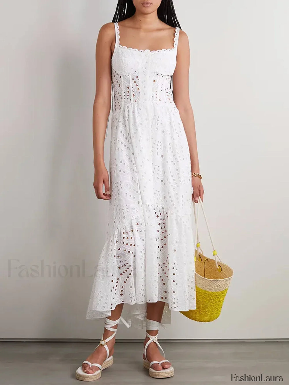 Hollow Out Square Collar Floral Dress White / S