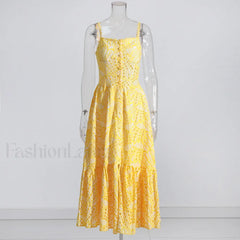 Hollow Out Square Collar Floral Dress Yellow / S