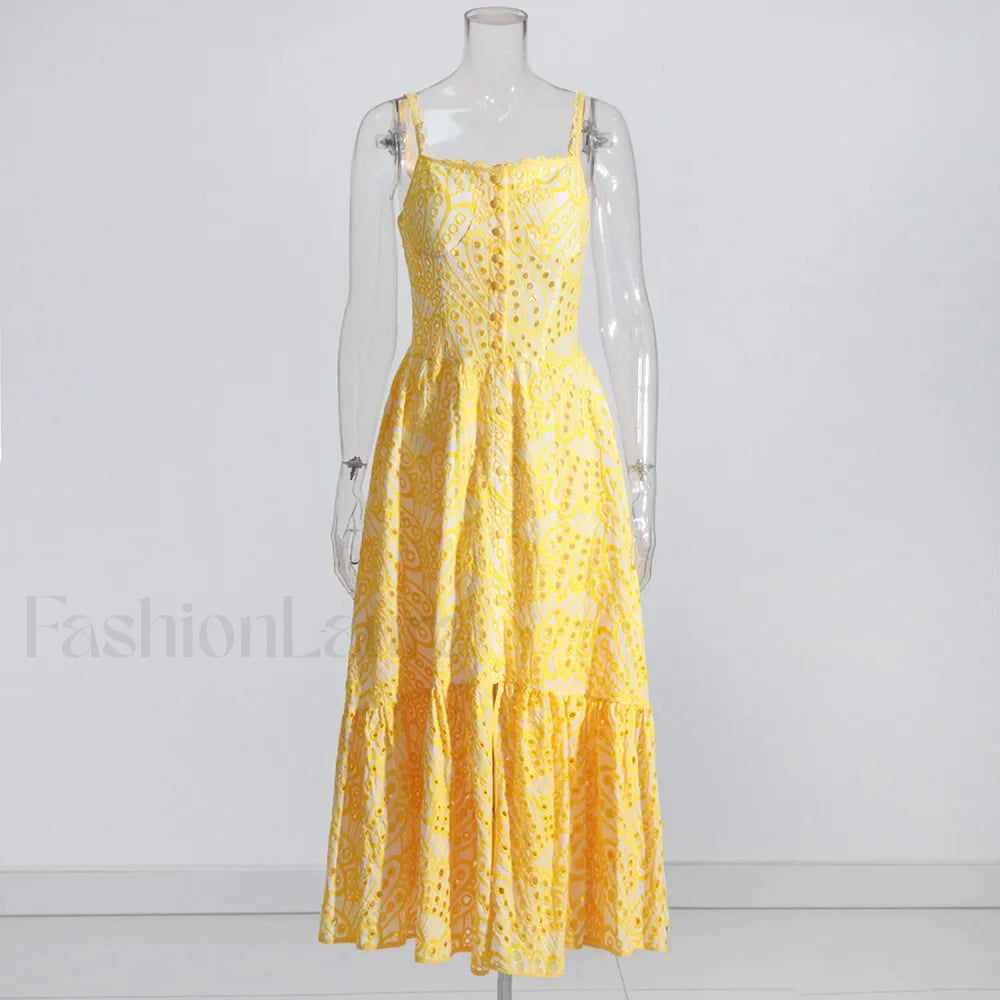 Hollow Out Square Collar Floral Dress Yellow / S