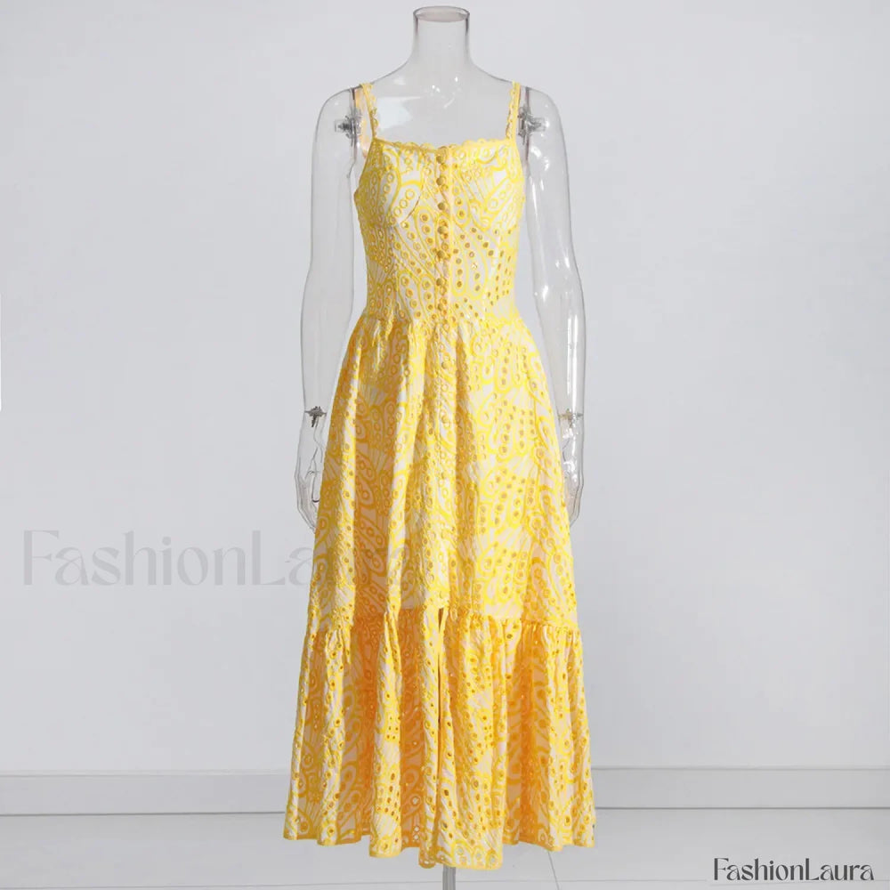Hollow Out Square Collar Floral Dress Yellow / S