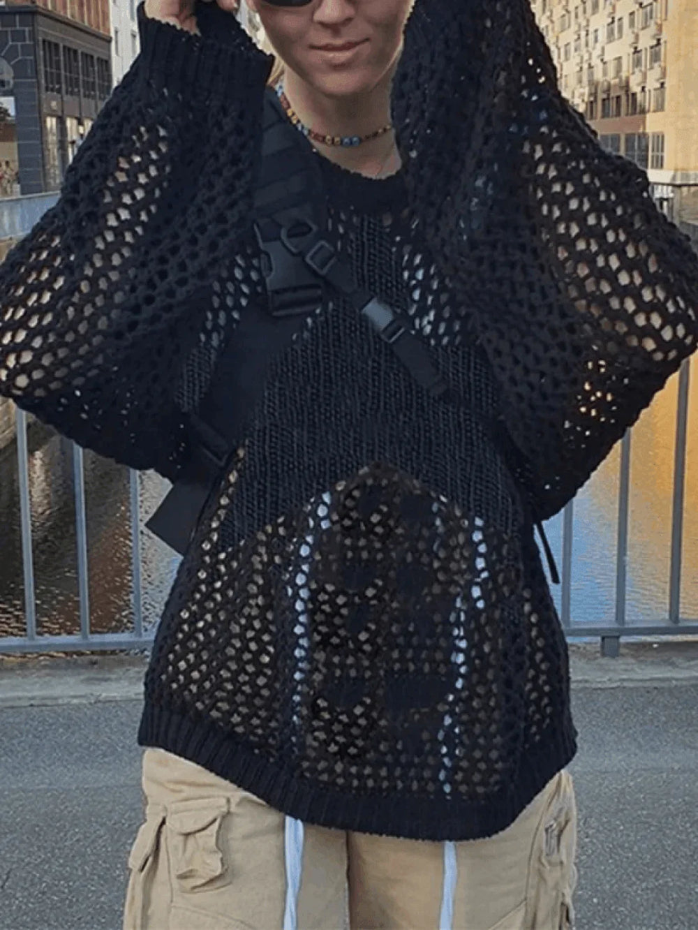 Hollow Out Star Crochet Knit Top Black / S Sweaters