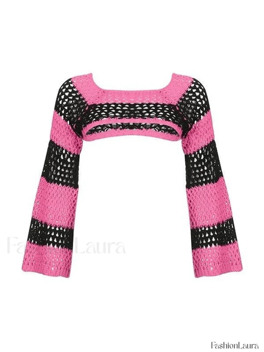 Hollow Out Striped Long Sleeve Bolero Knit Top Pink / ONE SIZE Sweaters