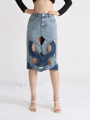 Hollow Out Zipper Denim Skirt