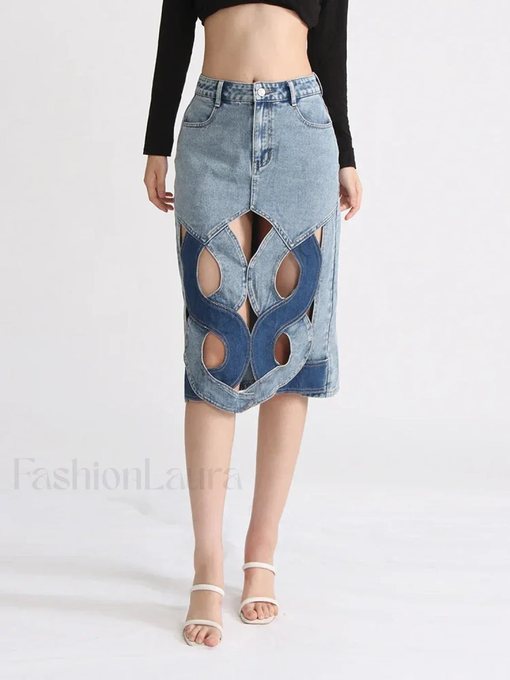 Hollow Out Zipper Denim Skirt