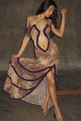 Hollow Pleated Lace Slit Suspender Maxi Dress